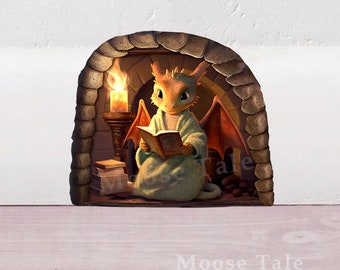 Dragon by fireplace Reading books decal Bookworm sticker Cozy fairy door Mouse hole decal Bookshelf decal Housewarming gift