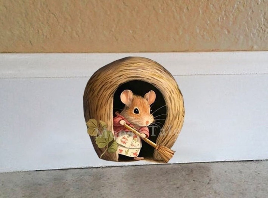 Mouse With a Broom Sticker Mouse Hole Decal Bookshelf Decal Woodland