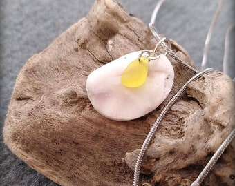 Rare yellow sea glass necklace with mother-of-pearl piece