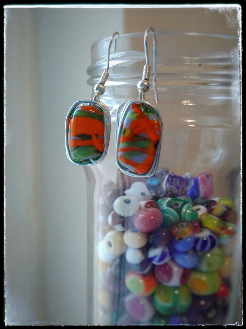 Necklace with earrings wrapped beads glass beads beaded wrap Jewelry colorful beads orange green grey unusual pendant jewelryset
