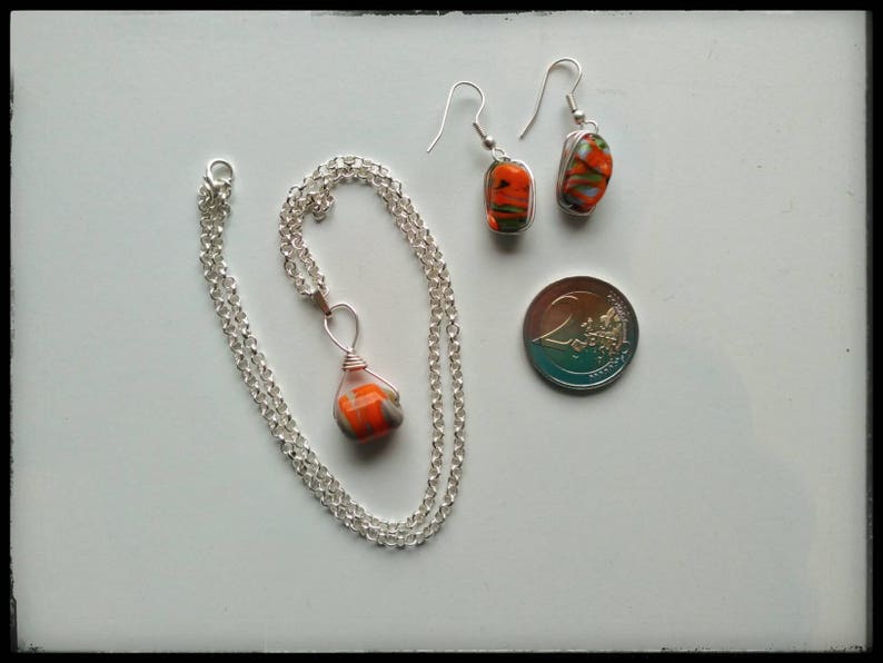 Necklace with earrings wrapped beads glass beads beaded wrap Jewelry colorful beads orange green grey unusual pendant jewelryset