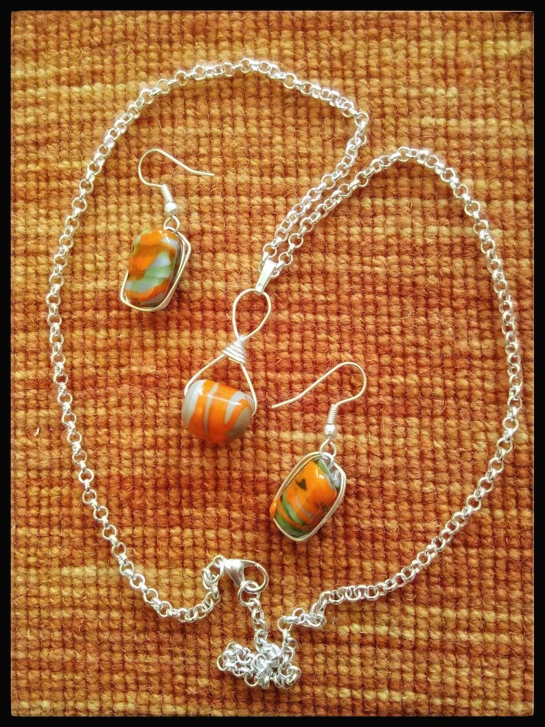Necklace with earrings wrapped beads glass beads beaded wrap Jewelry colorful beads orange green grey unusual pendant jewelryset