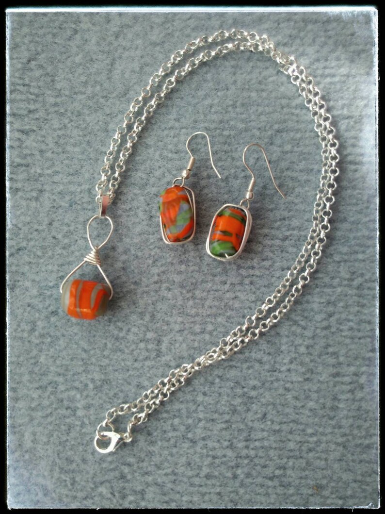 Necklace with earrings wrapped beads glass beads beaded wrap Jewelry colorful beads orange green grey unusual pendant jewelryset