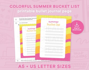 Colorful Summer Bucket List | Printable Bullet Journal Page, Journal Printables, Premade bullet journal page, Bujo, A5 & US Letter Sizes