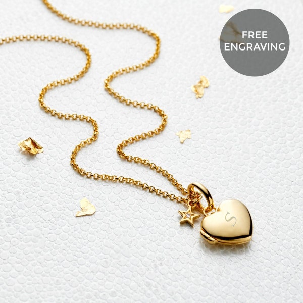 Personalised Girl's 18ct Gold Vermeil Heart Diamond Locket | Photo Necklace | Girl's Birthday | Christening | Baptism