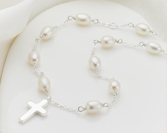 Girl's Sterling Silver & Freshwater Pearl Rosary Necklace | Holy Communion | Christening | Baptism Gift