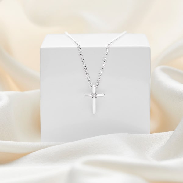 Girl's Sterling Silver Diamond Faith Cross Necklace | 1st Birthday Gift | Holy Communion | Christening | Baptism | Confirmation Gift