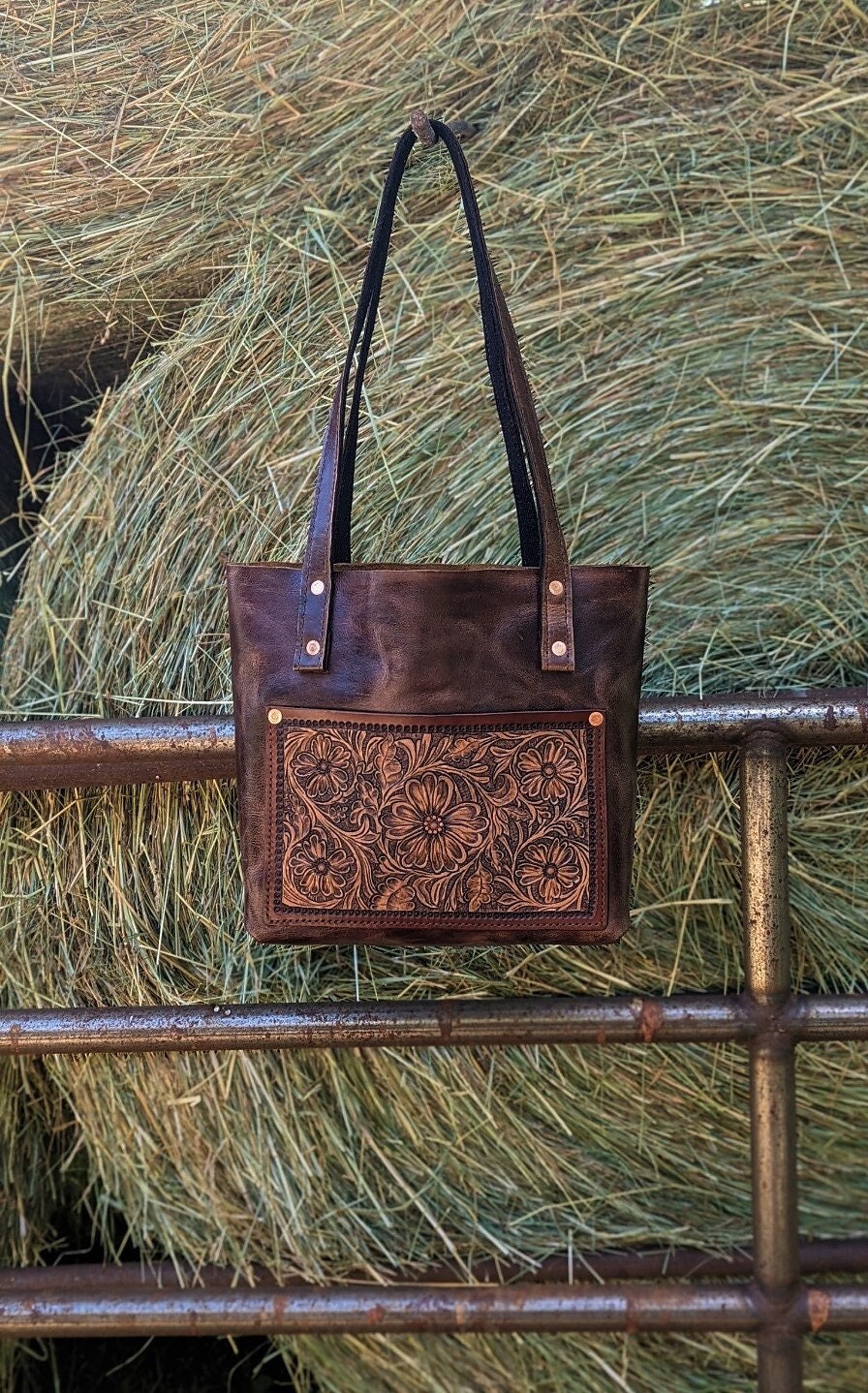 Hand Tooled and Stitched Leather Tote Bag/purse Exotic Etsy