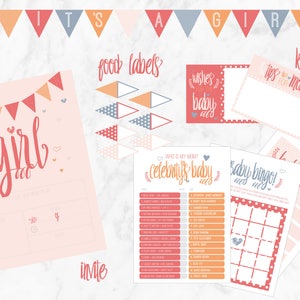Girl Baby Shower Printable Party Pack Games, Invites, Wishes, Bunting, Food Labels image 1