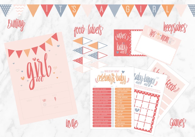 Girl Baby Shower Printable Party Pack Games, Invites, Wishes, Bunting, Food Labels image 1