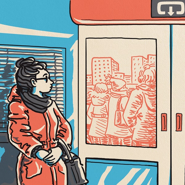 Faces on the Ferry: Exit Here. Limited-edition silkscreen print, winter season, artwork made in and about Amsterdam.