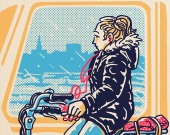 Faces on the Ferry: Unwind. Limited-edition silkscreen print, spring season, artwork made in and about Amsterdam.