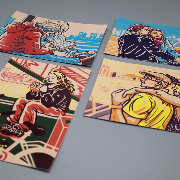 Set of 4 Seasonal Postcards. Faces on the Ferry: Unique artwork made in and about Amsterdam.