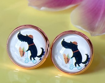 cute rose gold tone stud earrings, dog on bike, crazy