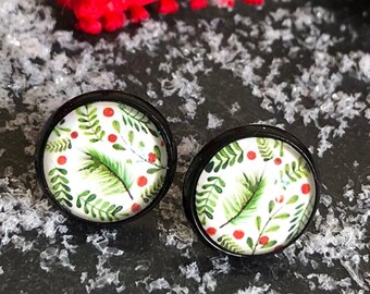 Stud earrings with twigs and berries, winter earrings, Christmas earrings, customizable