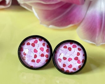 Cherry earrings, black stud earrings with pink cherries