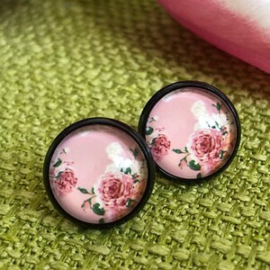 Vintage earrings in black setting, delicate pink stud earrings, rose, customizable image 1