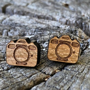 Real wood ear studs camera, wooden ear studs, wooden earrings, wooden jewelry, camera, camera earrings, cherry wood image 1