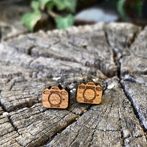 Real wood ear studs camera, wooden ear studs, wooden earrings, wooden jewelry, camera, camera earrings, cherry wood image 4