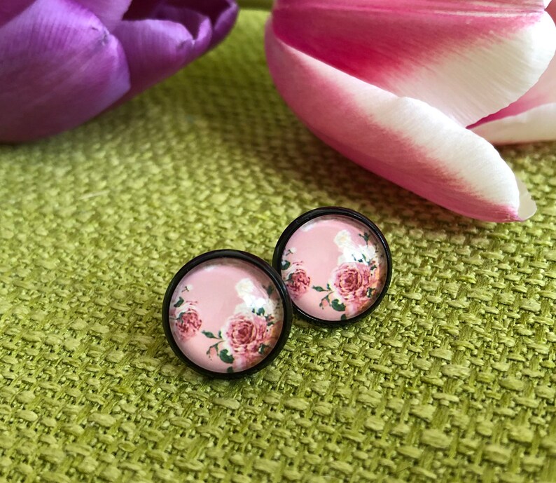 Vintage earrings in black setting, delicate pink stud earrings, rose, customizable image 1