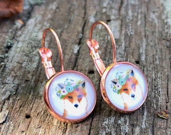 Vintage rose gold fox earrings, fox earrings, vintage fox, leaf clover