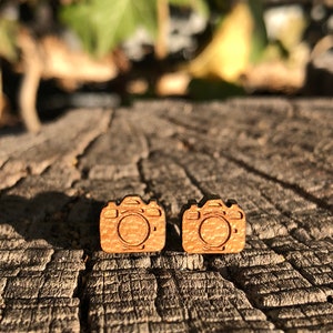 Real wood ear studs camera, wooden ear studs, wooden earrings, wooden jewelry, camera, camera earrings, cherry wood image 8