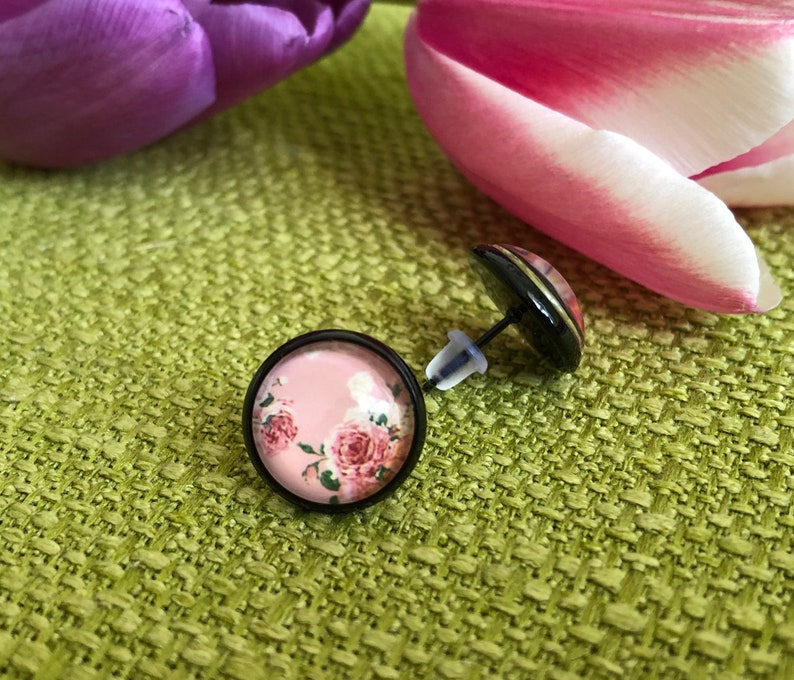 Vintage earrings in black setting, delicate pink stud earrings, rose, customizable image 3