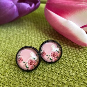 Vintage earrings in black setting, delicate pink stud earrings, rose, customizable image 2