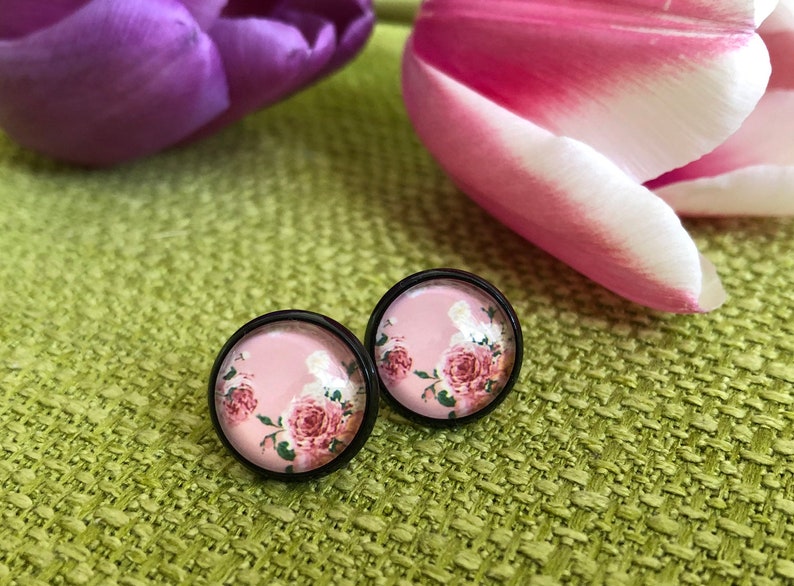 Vintage earrings in black setting, delicate pink stud earrings, rose, customizable image 2