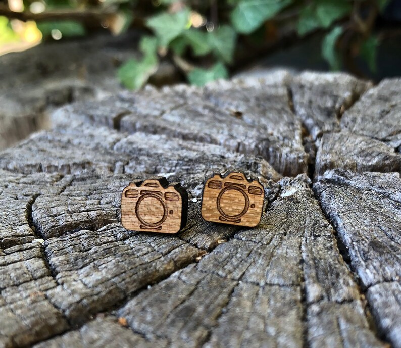 Real wood ear studs camera, wooden ear studs, wooden earrings, wooden jewelry, camera, camera earrings, cherry wood image 7