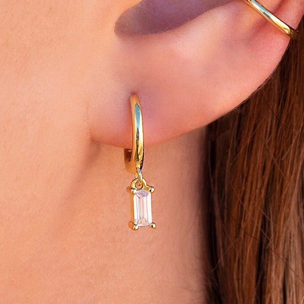 Dainty & Minimalist Baguette CZ Charm Huggie Hoop Earrings