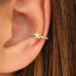 Dainty Pave CZ Star Single Band Conch Ear Cuff Earrings