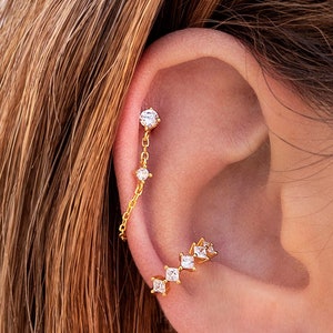 Dainty 4 Prong Setting Round CZ Dangling Chain Stud Earrings