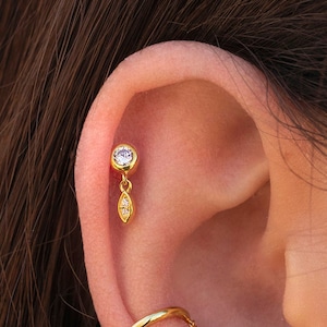 Dainty & Minimalist Bezel CZ Stud Earrings With Dangling Leaf shaped Charm