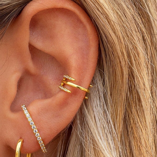 Minimalist & Dainty Pave CZ Triple Band Conch Ear Cuff Earrings