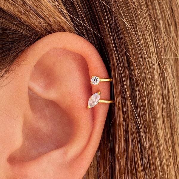 Dainty Marquise & Round CZ Double Band Ear Cuff Earrings