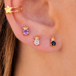 Tiny & Dainty 6 Prongs CZ Star Shaped Stud Earrings - Available in White, Black and Purple