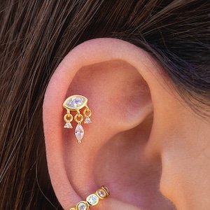 Dainty Marquise CZ Eye Shaped Stud Earrings With Dangling CZ Charms
