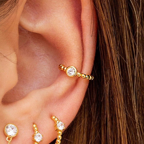 Dainty Bezel CZ Beaded Conch Ear Cuff Earrings - Available in White, Black and Turquoise