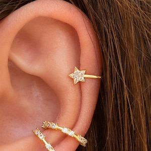 Dainty & Minimalist Pave CZ Star Shaped Helix Ear Cuff Earrings