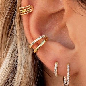 Dainty & Minimalist Pave CZ Double Band Conch Ear Cuff Earrings
