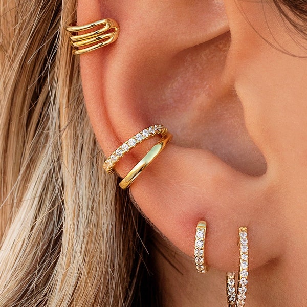 Dainty & Minimalist Pave CZ Double Band Conch Ear Cuff Earrings