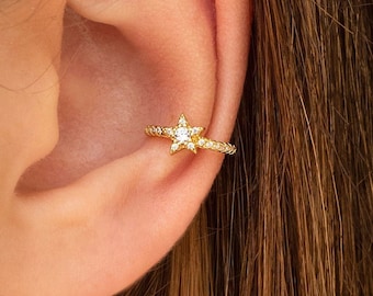 Dainty Pave CZ Star Single Band Conch Ear Cuff Earrings
