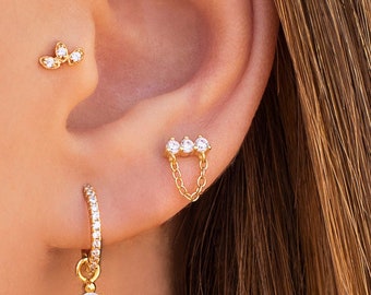 Dainty 3 CZ Bar Shaped Stud Earrings With Dangling Chain