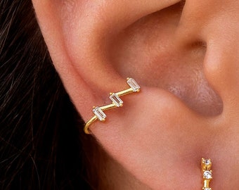 Dainty & Minimalist Baguette CZ Zig-Zag Shaped Helix Ear Cuff Earrings