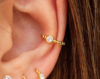 Dainty Bezel CZ Beaded Conch Ear Cuff Earrings - Available in White, Black and Turquoise