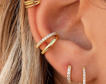 Dainty & Minimalist Pave CZ Double Band Conch Ear Cuff Earrings