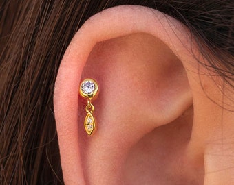 Dainty & Minimalist Bezel CZ Stud Earrings With Dangling Leaf shaped Charm