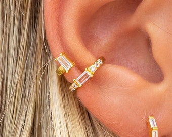 Dainty Baguette & Pave CZ Conch Ear Cuff Earrings