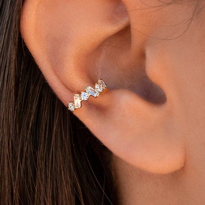 Dainty Baguette & Round CZ Conch Ear Cuff Earrings